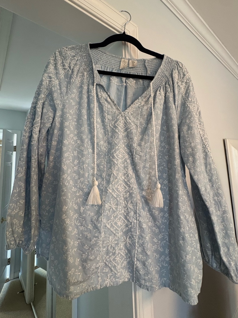 Joie Light Blue Embroidered Tunic with Tassel Ties